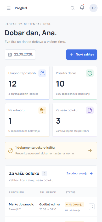 Mobilni prikaz aplikacije radno sa pregledom zaposlenih i prisustva